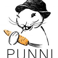 Piirroskuva Punni-pupusta porkkana kädessä, jonka alla lukee isoilla kirjaimilla Punni.