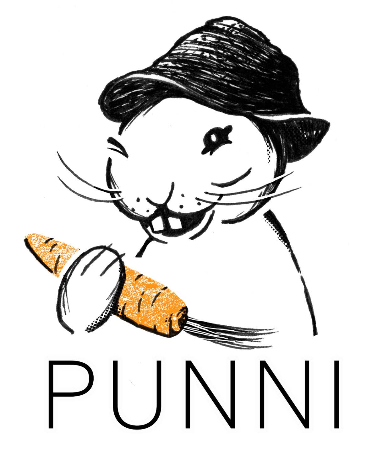 Piirroskuva Punni-pupusta porkkana kädessä, jonka alla lukee isoilla kirjaimilla Punni.