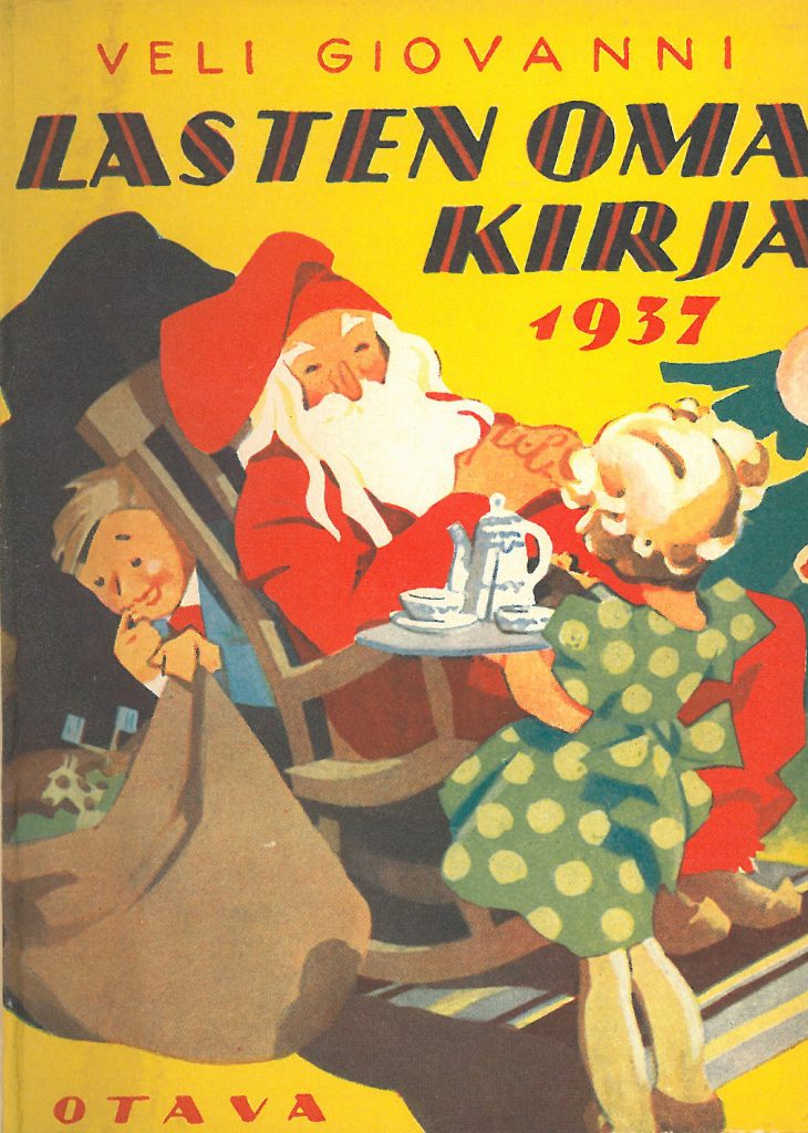Joulupukki istuu keinutuolissa. Pieni tyttö tarjoaa pukille juotavaa.