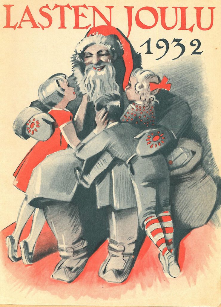 Kansikuva 1932. Kaksi lasta joulupukin sylissä.