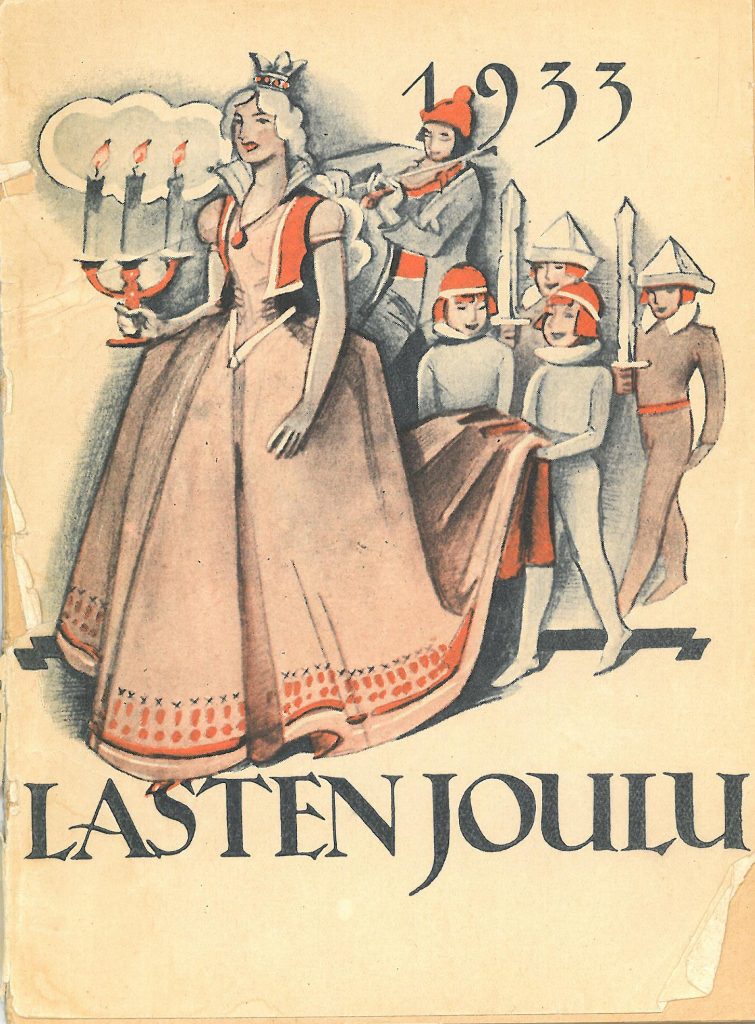 Kansikuva 1933. Nainen kynttiläkruunu kädessään, takana kulkue.