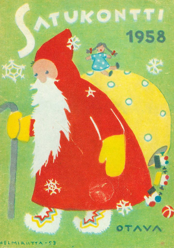 Satukontti, Otava 1957. Punapukuinen joulupukki lahjakontti selässä.