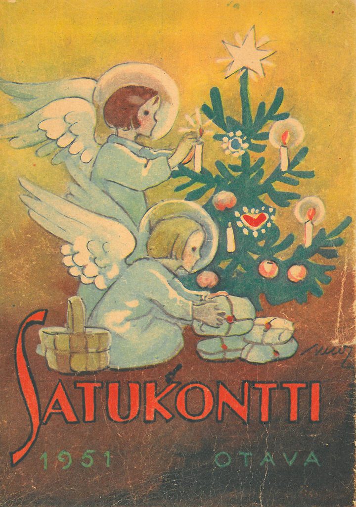 Kansikuva, Satukontti 1951. Kaksi enkeliä joulukuusen luona.