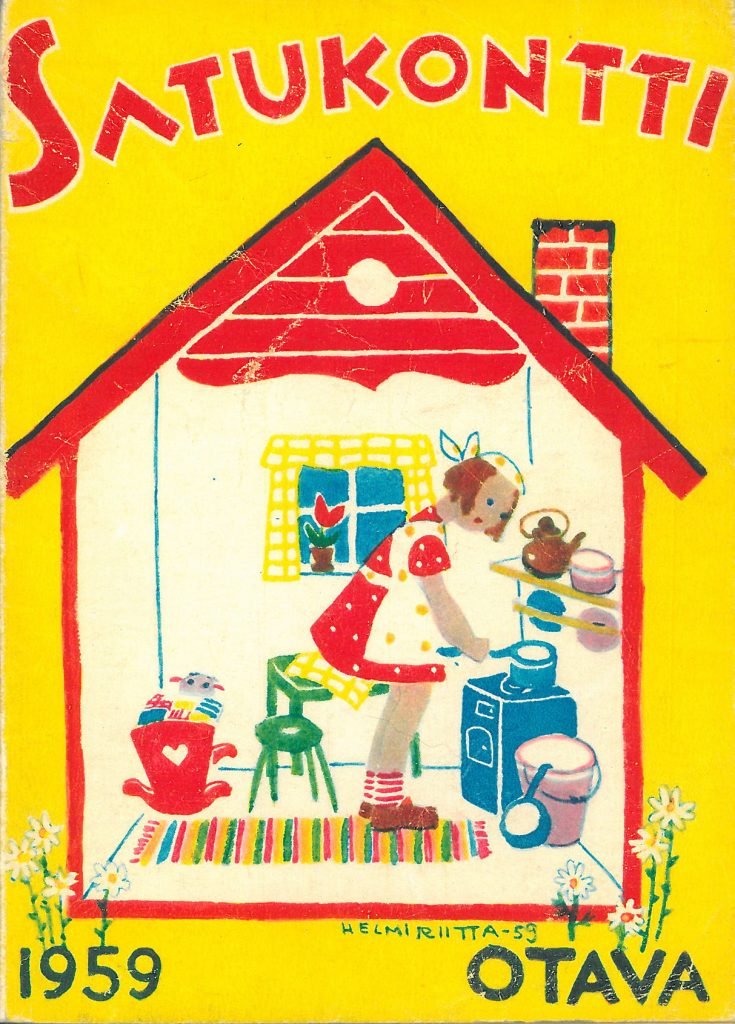 Satukontti, kansikuva 1959. Tyttö leikkimökissä keittiöpuuhissa.