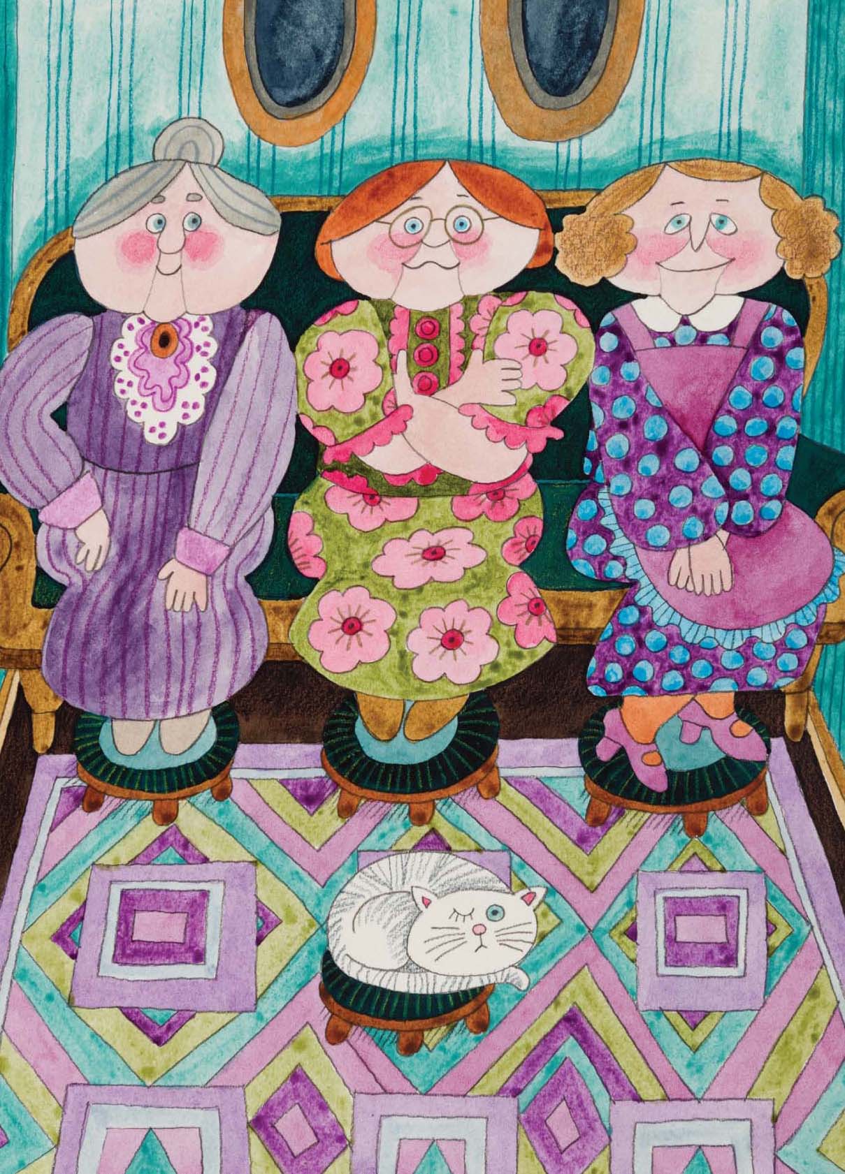 Camilla Mickwitzin kuvitusta kirjaan Emilia ja kolme pikkuista tätiä.