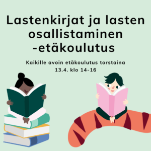 Lasten osallisuus -koulutuksen mainoskuva, kaksi lasta lukee kirjaa.