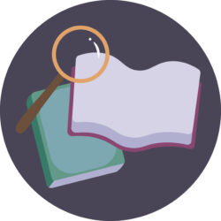 Tutkijatapaamisen logo, jossa kaksi kirjaa ja suurennuslasi.