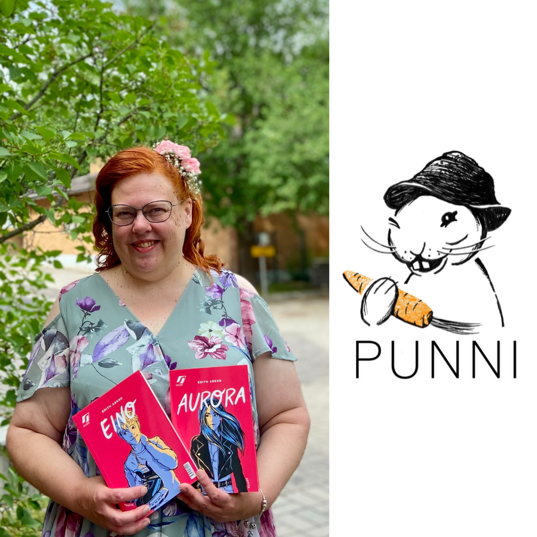 Kuva kirjailija Edith Arkosta ja Punni-logo.