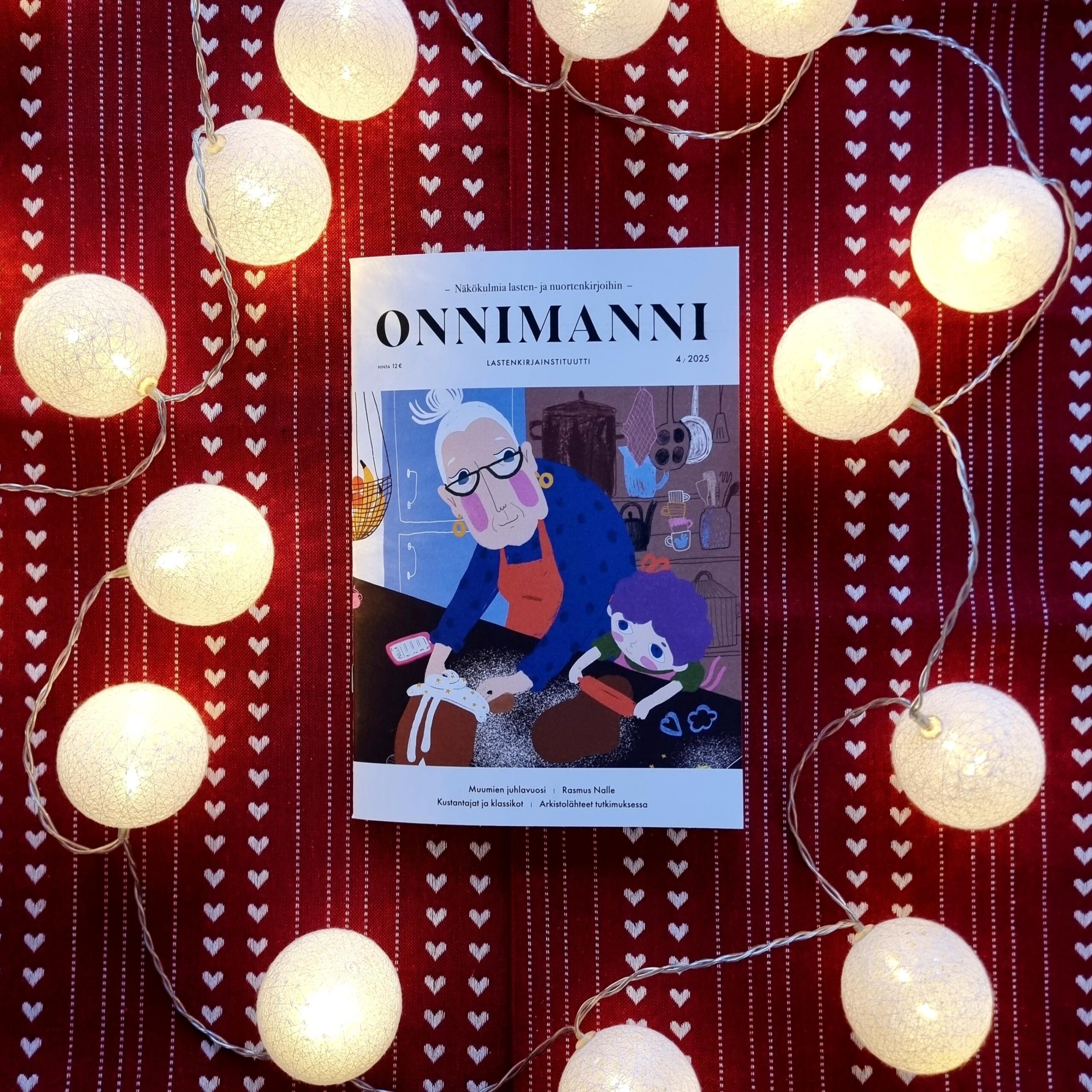 Onnimanni-lehden numero 4/25 jouluisten valopallojen keskellä.