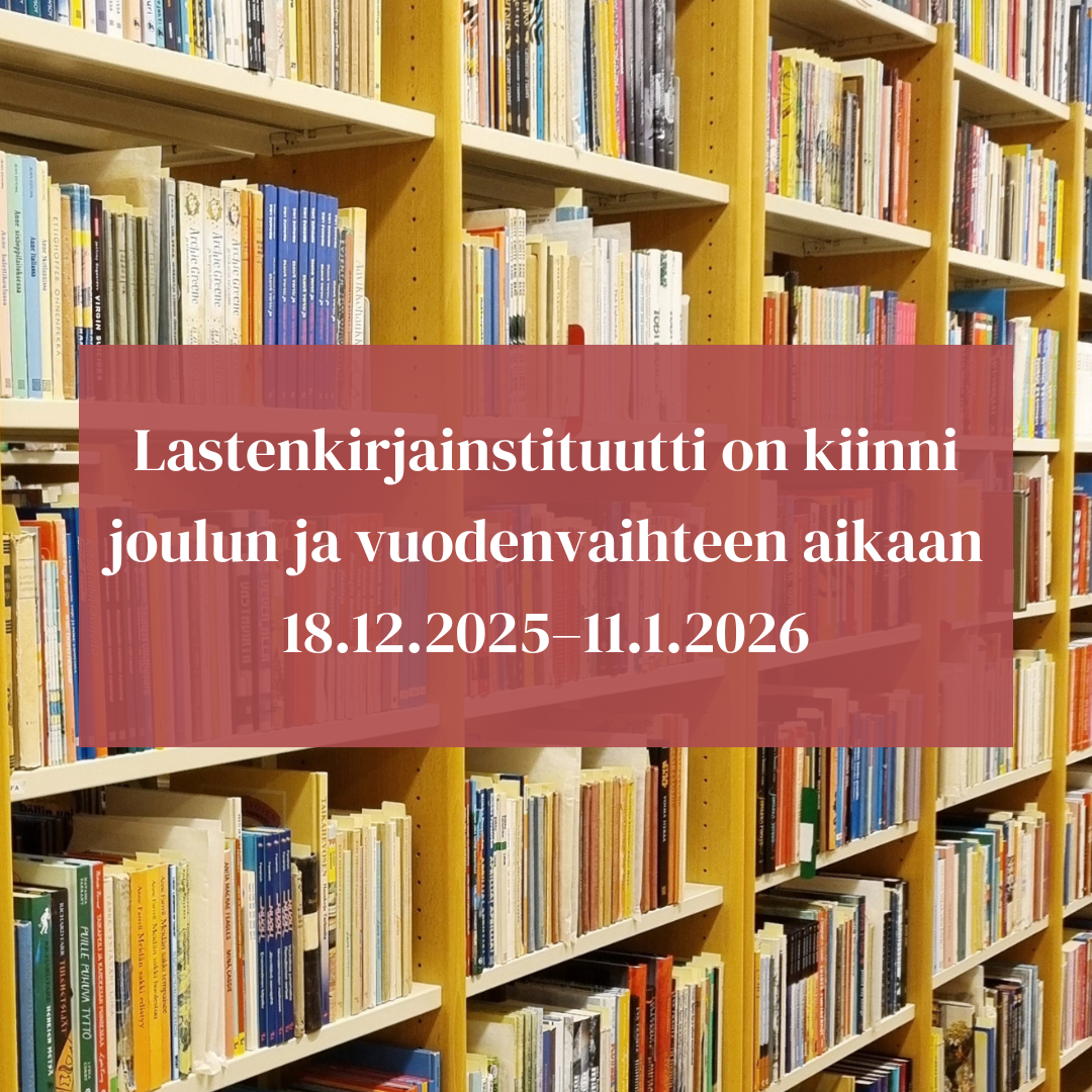 Taustalla kuva kirjahyllystä, jonka päällä tekstilaatikko.