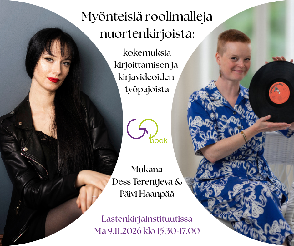 Tapahtuman mainoskuva, jossa tekstinä tietoa tapahtumasta sekä kuvat kirjailijoista Dess Terentjeva ja Päivi Haanpää.